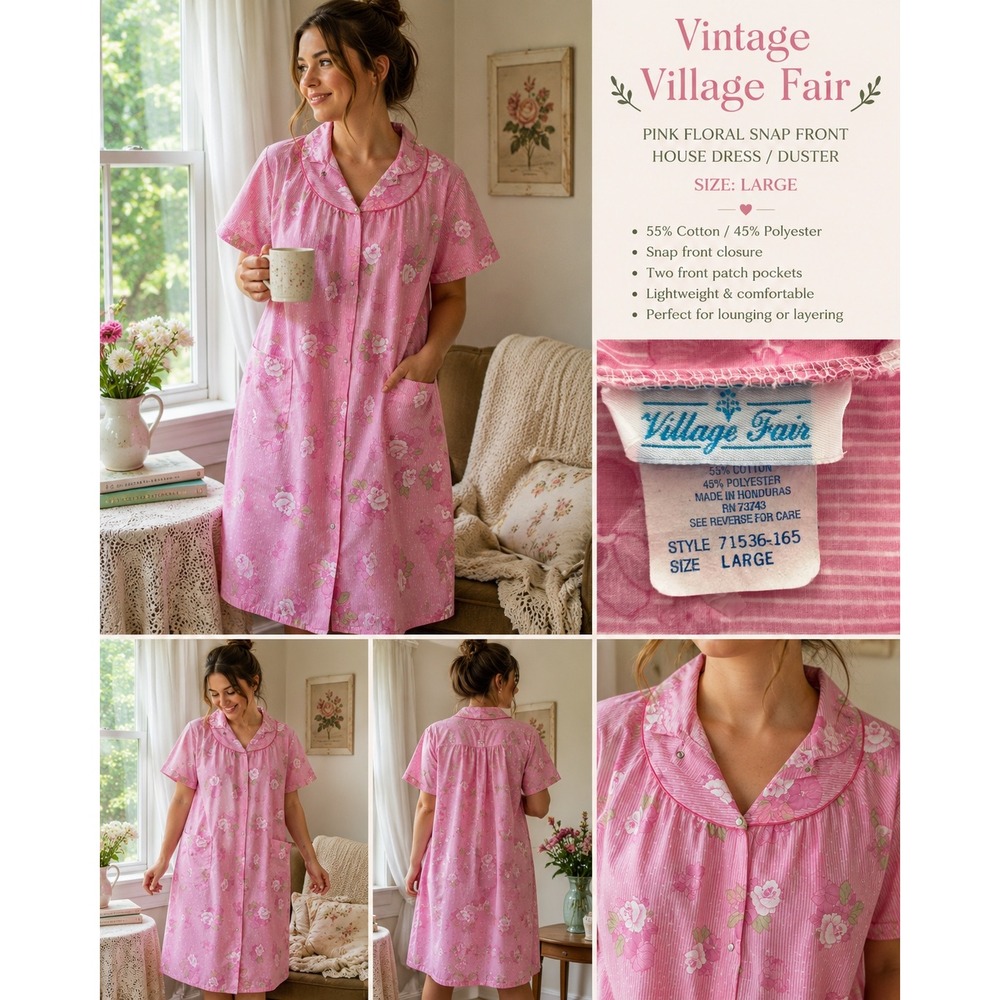 Village Fair Pink Floral Pinstripe Snap Front House Dress Duster Robe Lg Vintage